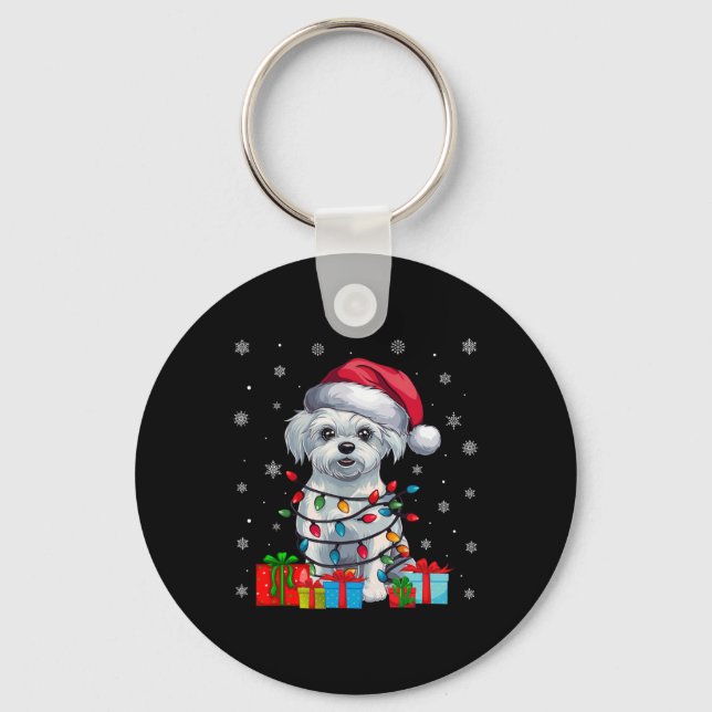 Malteser Hund Ugly Xmas Lights Weihnachtsmannmütze Schlüsselanhänger (Vorderseite)
