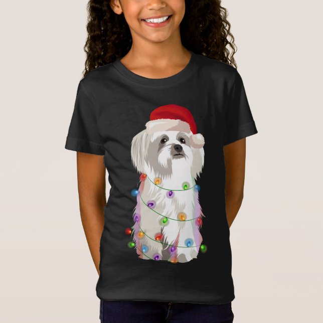 Malteser Weihnachtsbeleuchtung Xmas Hund Lover T-Shirt (Vorderseite)