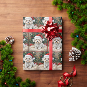 Malteser Weihnachtshund auf einem Pelzkissen Geschenkpapier
