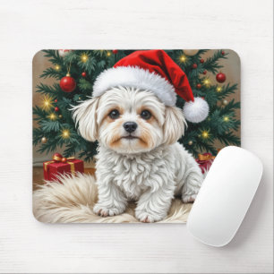 Malteser Weihnachtshund auf einem Pelzkissen Mousepad
