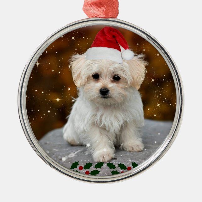 Malteser Weihnachtswelpe Ornament Aus Metall (Vorne)