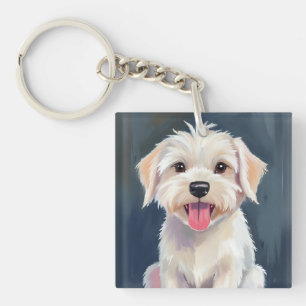 Malteser Welpe   Weißer Hund Malerei Schlüsselanhänger