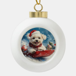 Malteserhund im Schlitten Lass es schneien Weihnac Keramik Kugel-Ornament