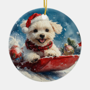 Malteserhund im Schlitten Lass es schneien Weihnac Keramik Ornament
