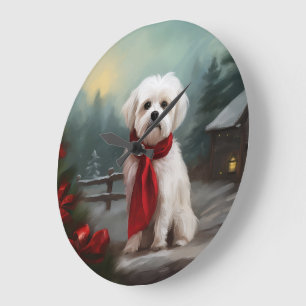 Malteserhund im Schnee Weihnachten  Große Wanduhr