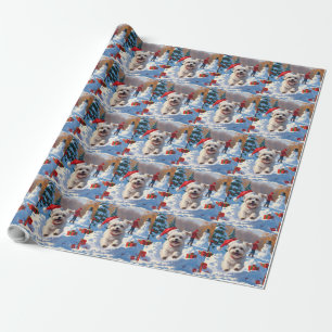 Malteserhund läuft im Schnee mit Weihnachtsmütze Geschenkpapier