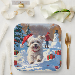 Malteserhund läuft im Schnee mit Weihnachtsmütze Pappteller