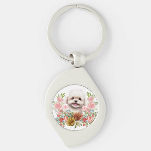 Malteserhund mit Blumen, süßer Malteser Welpe Schlüsselanhänger