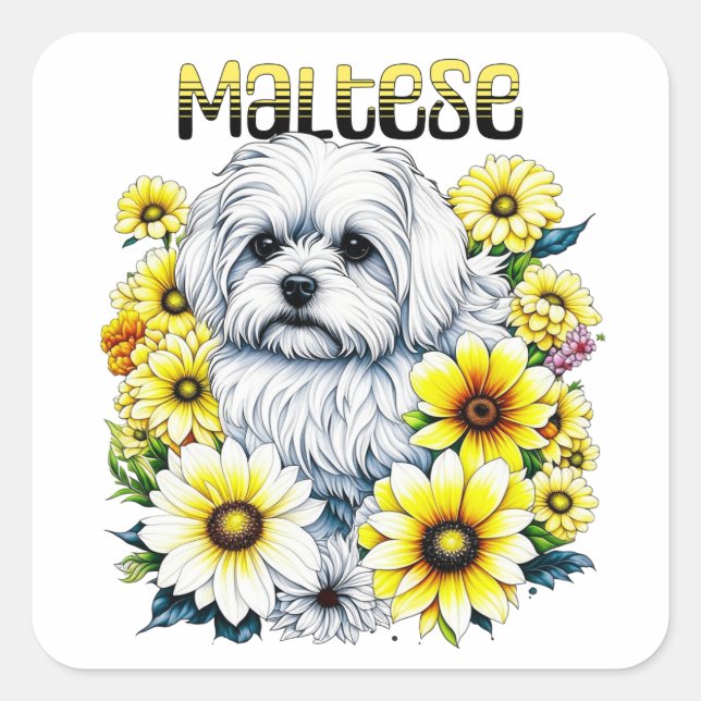 Maltesisch klein: Weiße Hundebraue in gelben Blume Quadratischer Aufkleber (Vorderseite)