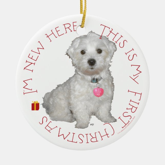 Maltesisch Pup First Christmas Keramik Ornament (Vorne)