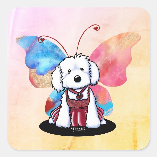 Maltesische Butterfly KiniArt Quadratischer Aufkleber (Vorderseite)