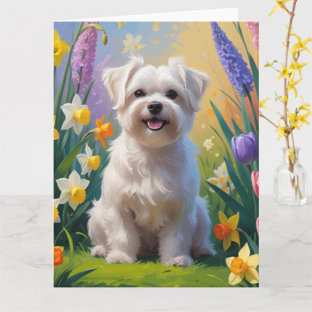 Maltesische Dog Spring Blumen Malerei Karte (Gelbe Blume)
