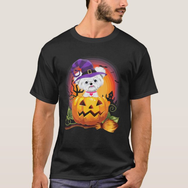 Maltesische Hexenkürbis Halloween Hund Lover Kostü T-Shirt (Vorderseite)