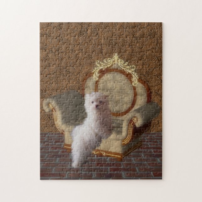 Maltesische Welpe auf Stuhl Hunde Kunst (Vertikal)