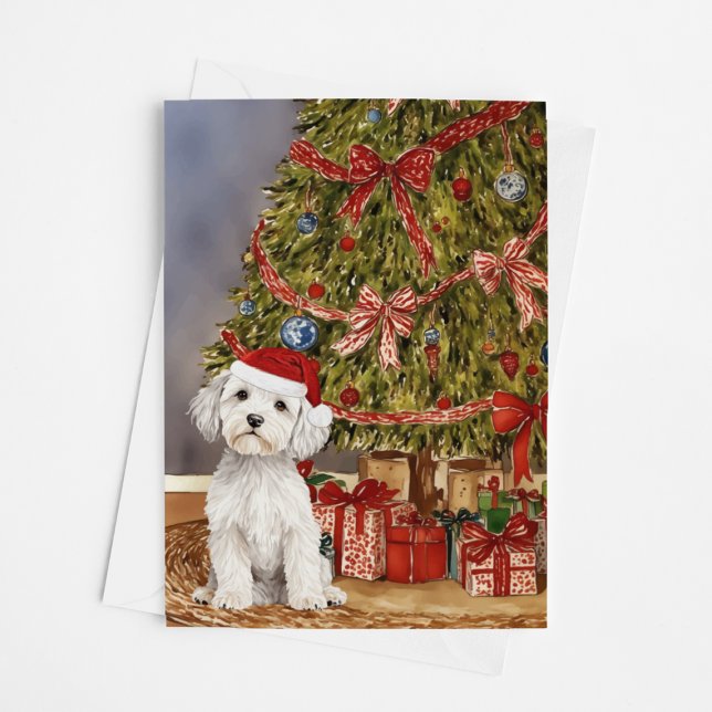 Maltesische Welpenwasserfarbe unter Weihnachtsbaum Karte (Von Creator hochgeladen)
