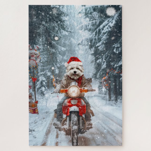 Maltesischer Hund reitend Motorrad Weihnachten (Vertikal)