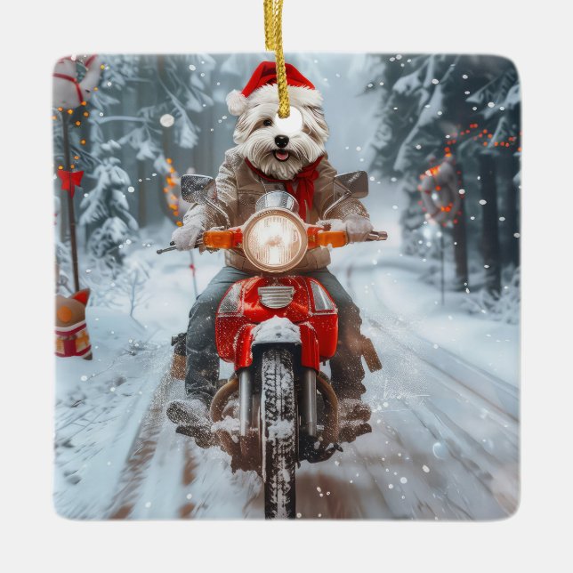 Maltesischer Hund reitend Motorrad Weihnachten Keramikornament (Vorderseite)