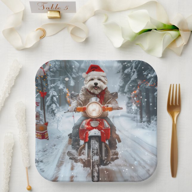 Maltesischer Hund reitend Motorrad Weihnachten Pappteller (Hochzeit)