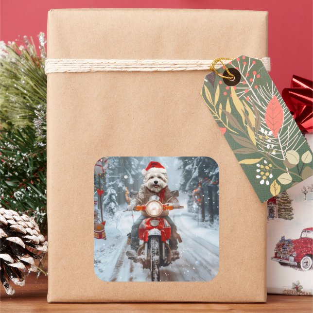 Maltesischer Hund reitend Motorrad Weihnachten Quadratischer Aufkleber (Feiertag)
