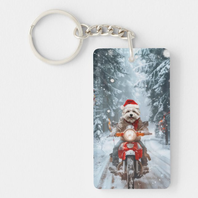 Maltesischer Hund reitend Motorrad Weihnachten Schlüsselanhänger (Vorderseite)