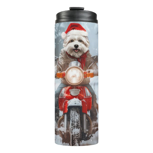 Maltesischer Hund reitend Motorrad Weihnachten Thermosbecher (Vorderseite)