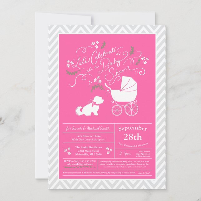 Maltesischer Hunde Baby Dusche Pink Girl Einladung (Vorderseite)