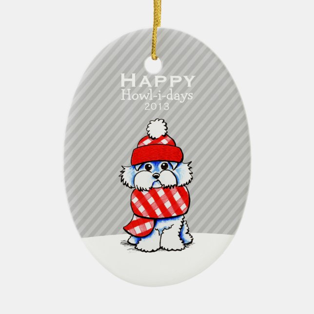 Maltesischer Niedlicher Hund Weihnachts Grau Strei Keramikornament (Vorne)
