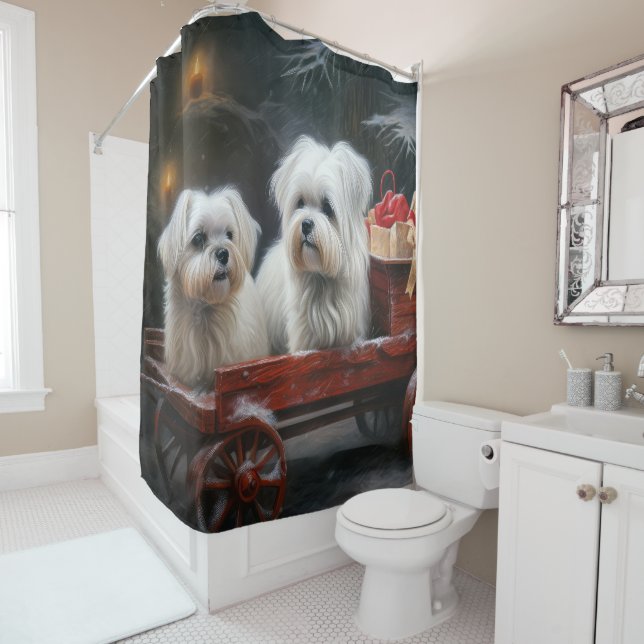 Maltesisches Snowy Sleigh Weihnachtsdekor Duschvorhang (Beispiel)
