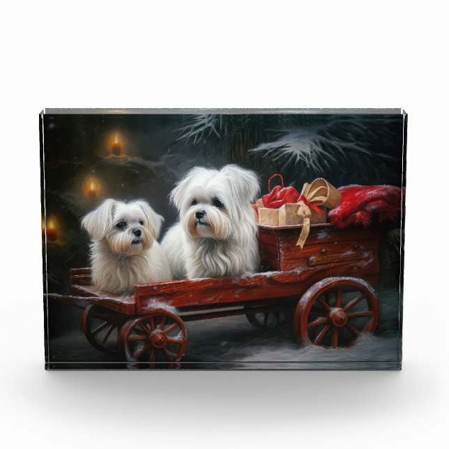 Maltesisches Snowy Sleigh Weihnachtsdekor Fotoblock (Vorderseite)