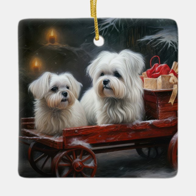 Maltesisches Snowy Sleigh Weihnachtsdekor Keramikornament (Vorderseite)