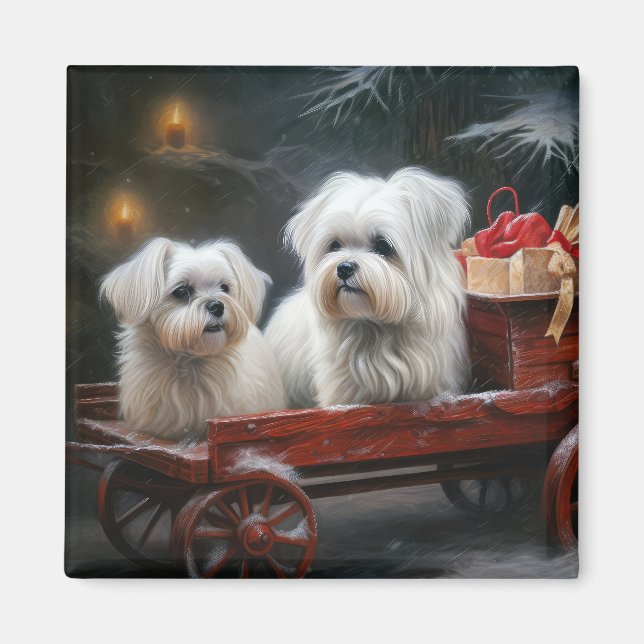 Maltesisches Snowy Sleigh Weihnachtsdekor Magnet (Vorne)
