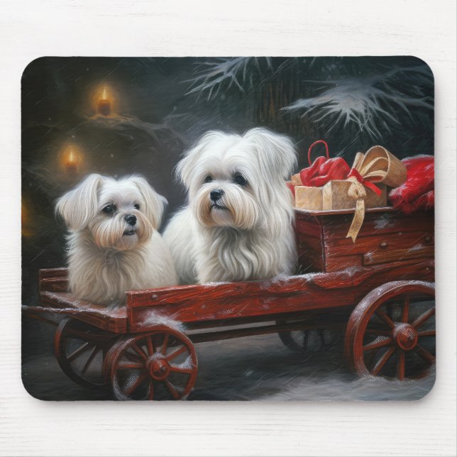 Maltesisches Snowy Sleigh Weihnachtsdekor Mousepad (Vorne)