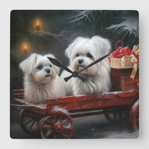 Maltesisches Snowy Sleigh Weihnachtsdekor Quadratische Wanduhr