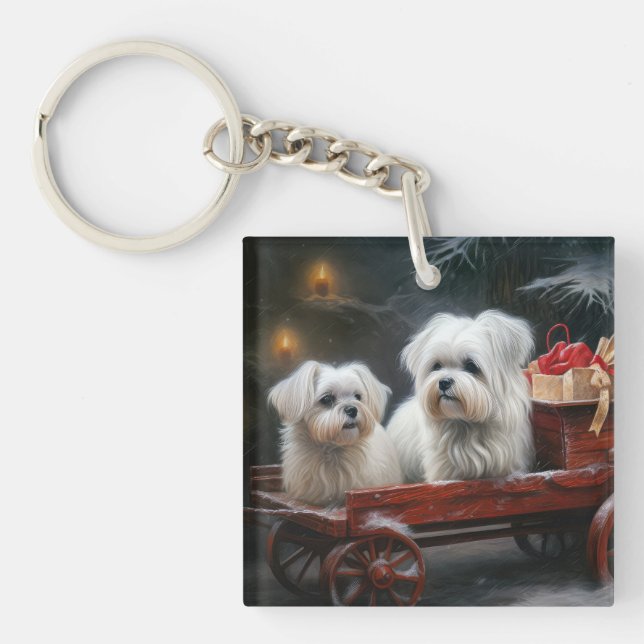Maltesisches Snowy Sleigh Weihnachtsdekor Schlüsselanhänger (Vorderseite)