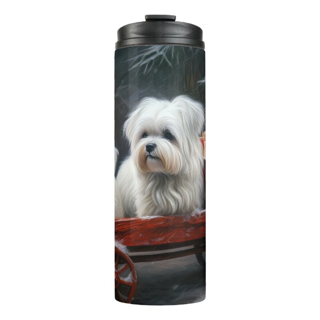Maltesisches Snowy Sleigh Weihnachtsdekor Thermosbecher (Vorderseite)