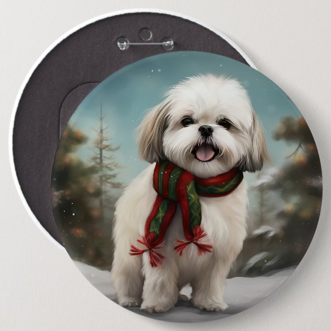 Malti Tzu Dog im Schnee Weihnachten Button (Vorne & Hinten)