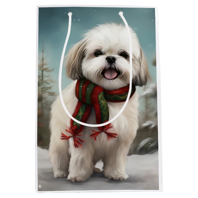 Malti Tzu Dog im Schnee Weihnachten Mittlere Geschenktüte (Vorderseite)