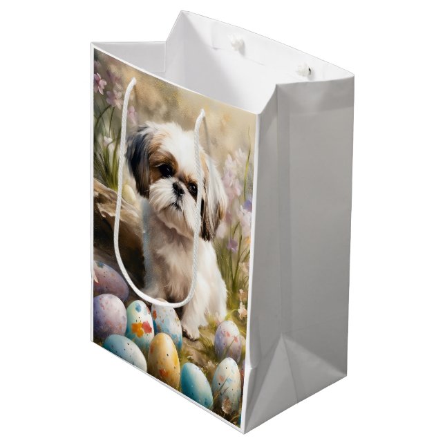 Malti Tzu Dog mit Ostereier Urlaub Mittlere Geschenktüte (Vorderseite Schrägansicht)