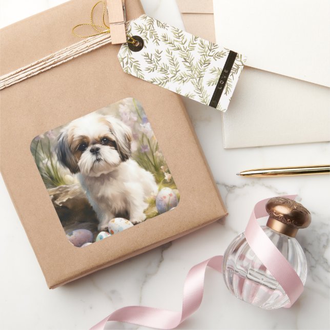 Malti Tzu Dog mit Ostereier Urlaub Quadratischer Aufkleber (Schenken)