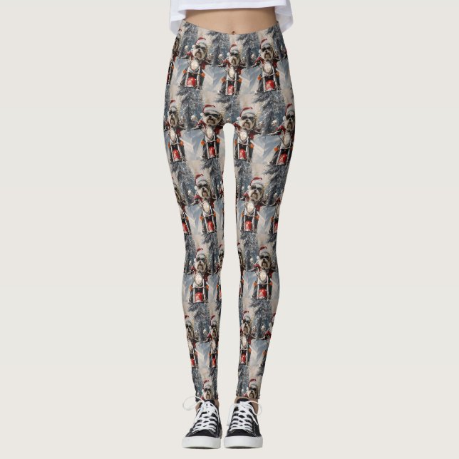 Malti Tzu Dog Riding Motorrad Weihnachten Leggings (Vorderseite)