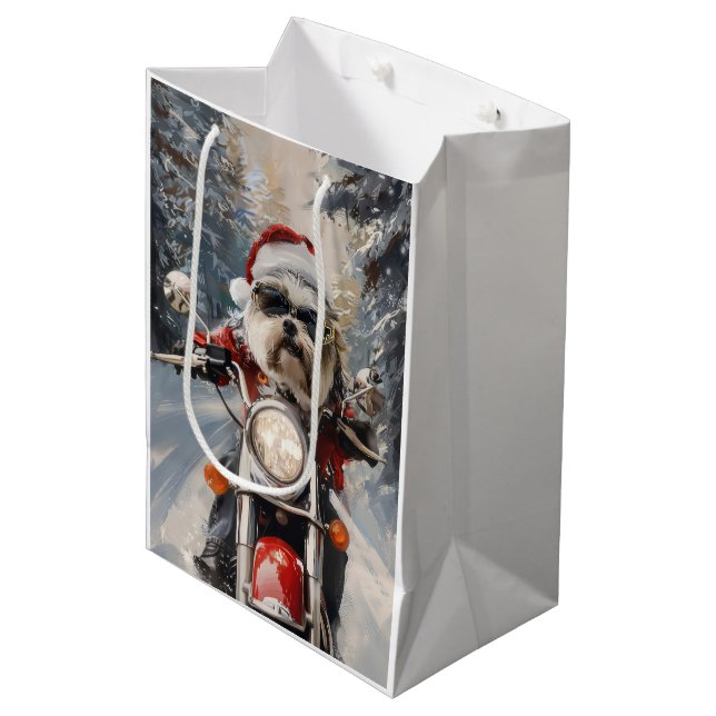 Malti Tzu Dog Riding Motorrad Weihnachten Mittlere Geschenktüte (Vorderseite Schrägansicht)