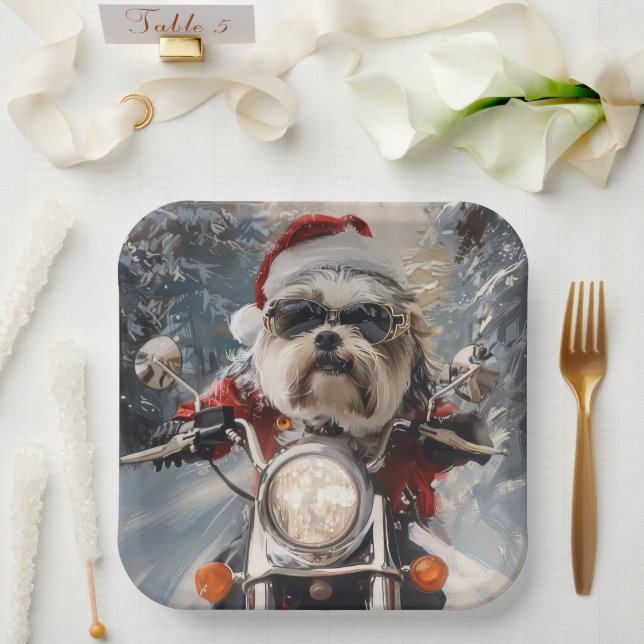 Malti Tzu Dog Riding Motorrad Weihnachten Pappteller (Hochzeit)