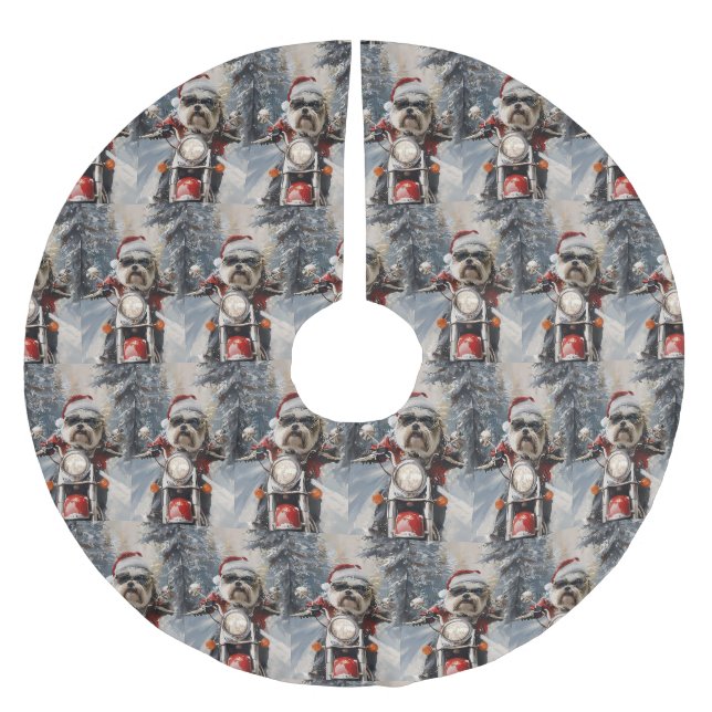 Malti Tzu Dog Riding Motorrad Weihnachten Polyester Weihnachtsbaumdecke (Vorderseite)