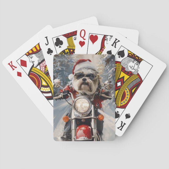 Malti Tzu Dog Riding Motorrad Weihnachten Spielkarten (Rückseite)
