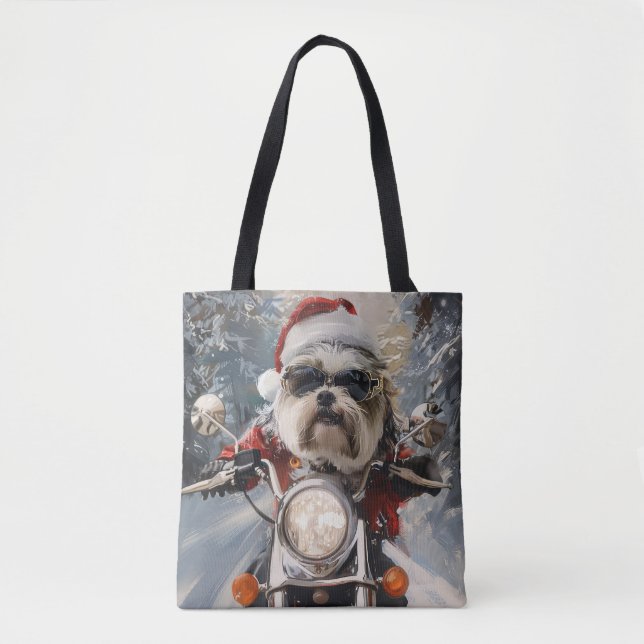 Malti Tzu Dog Riding Motorrad Weihnachten Tasche (Vorderseite)