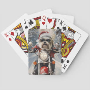 Malti Tzu Hund fährt Motorrad Weihnachten Spielkarten