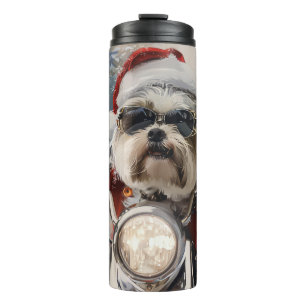 Malti Tzu Hund fährt Motorrad Weihnachten Thermosbecher