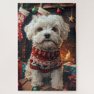 Malti Tzu Hund mit Weihnachtsgeschenken Kamin