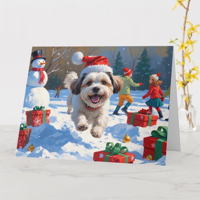 Malti Tzu läuft im Schnee mit Weihnachtshut Karte (Gelbe Blume)