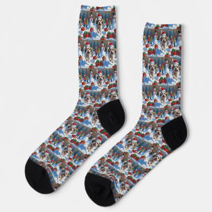 Malti Tzu läuft im Schnee mit Weihnachtsmütze Socken